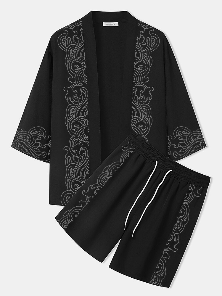 

Mens Japanese Style Print Open Front Kimono Two Pieces Outfits, Black