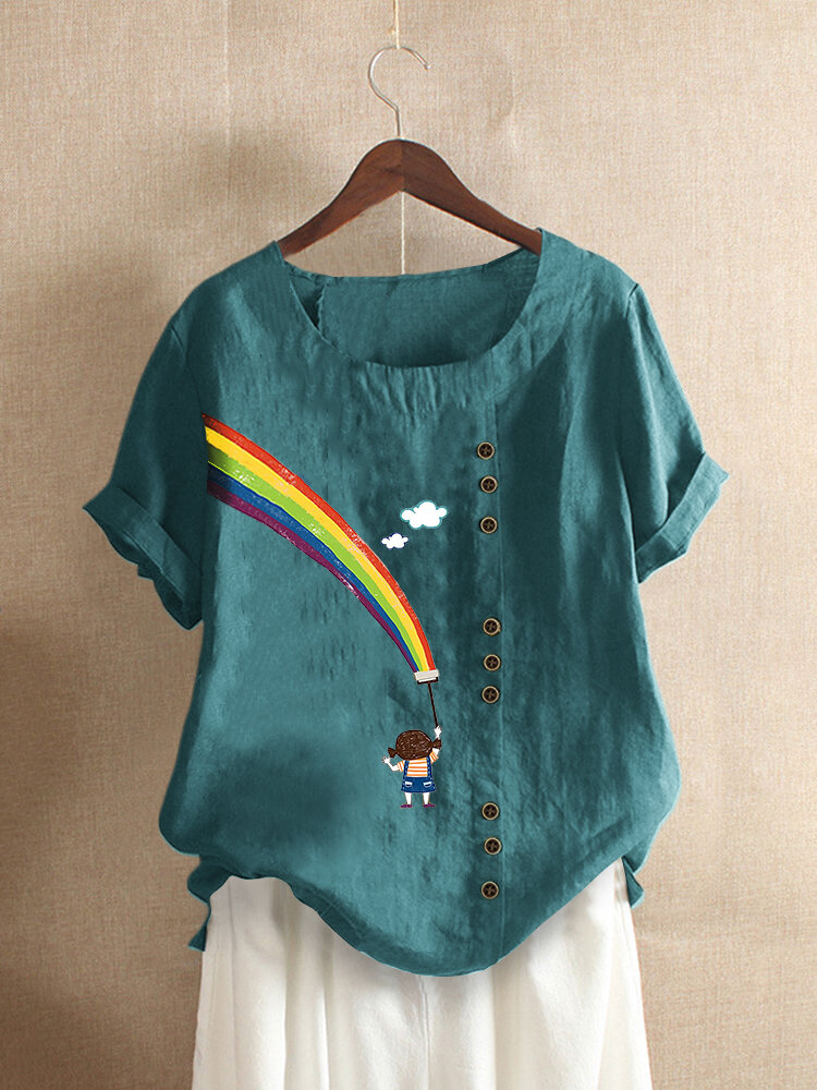 Rainbow Print Short Sleeve Casual Shirt For Women