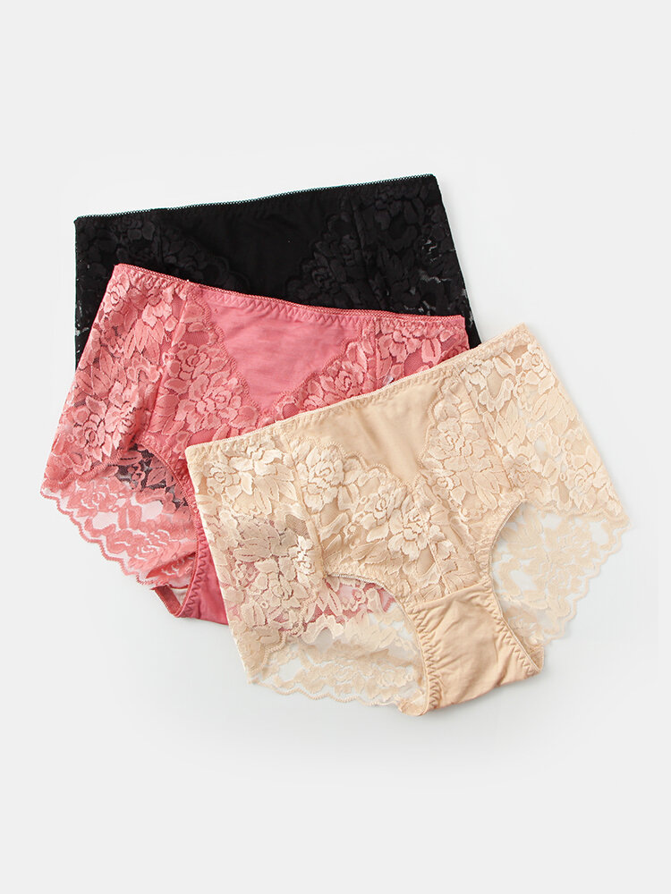 Women Lace Trim Modal Silk 3Pcs Seamless Antibacterial Thin Panties