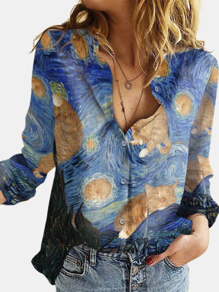 Starry Sky Cat Print Long Sleeve Lapel Shirt For Women