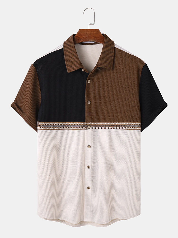 Mens Color Block Patchwork Geometric Ribbon Textured Short Sleeve Shirts