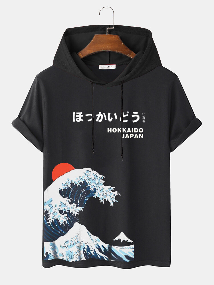 Mens Japanese Wave Print Short Sleeve Drawstring Hooded T-Shirts