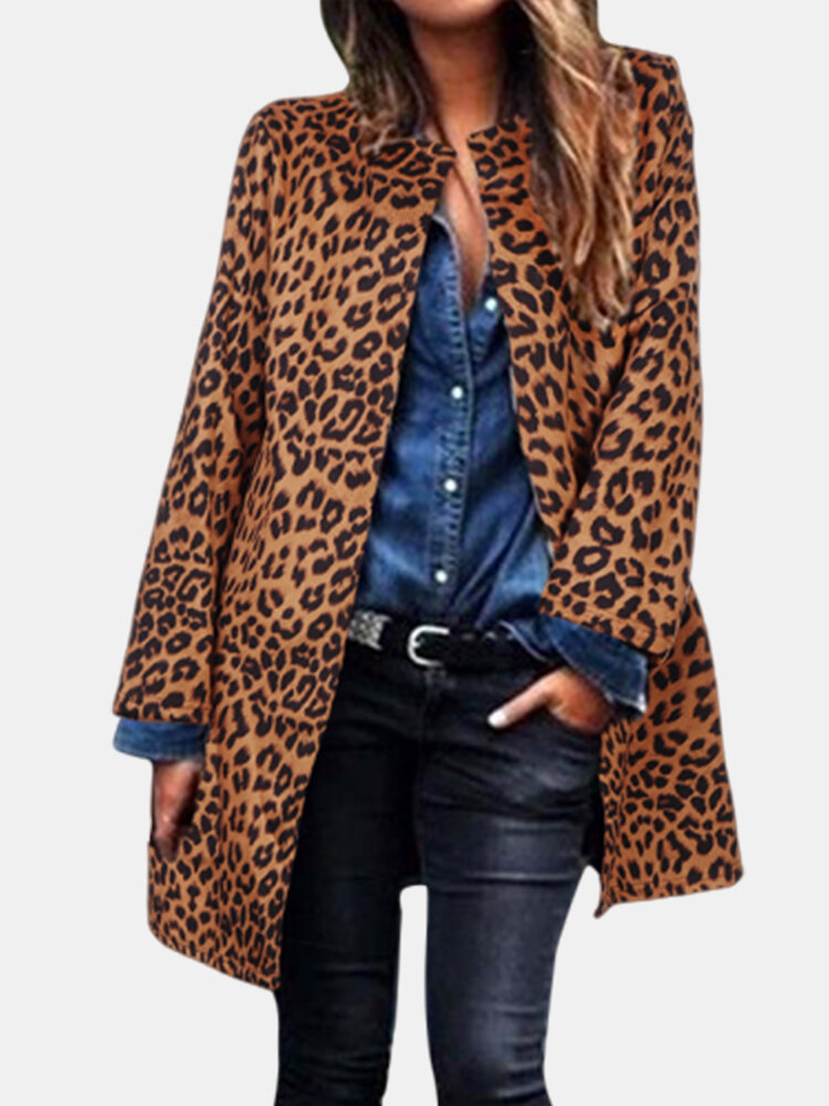 Leopard Print Long Sleeve Casual Plus Size Jacket