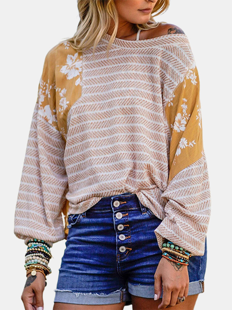 Floral Striped Print Patchwork O-Neck Loose Long Sleeve Blouse