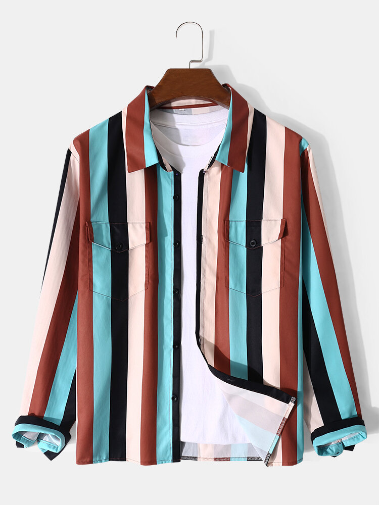 Mens Colorful Stripe Double Flap Pocket Loose Casual Long Sleeve Shirts