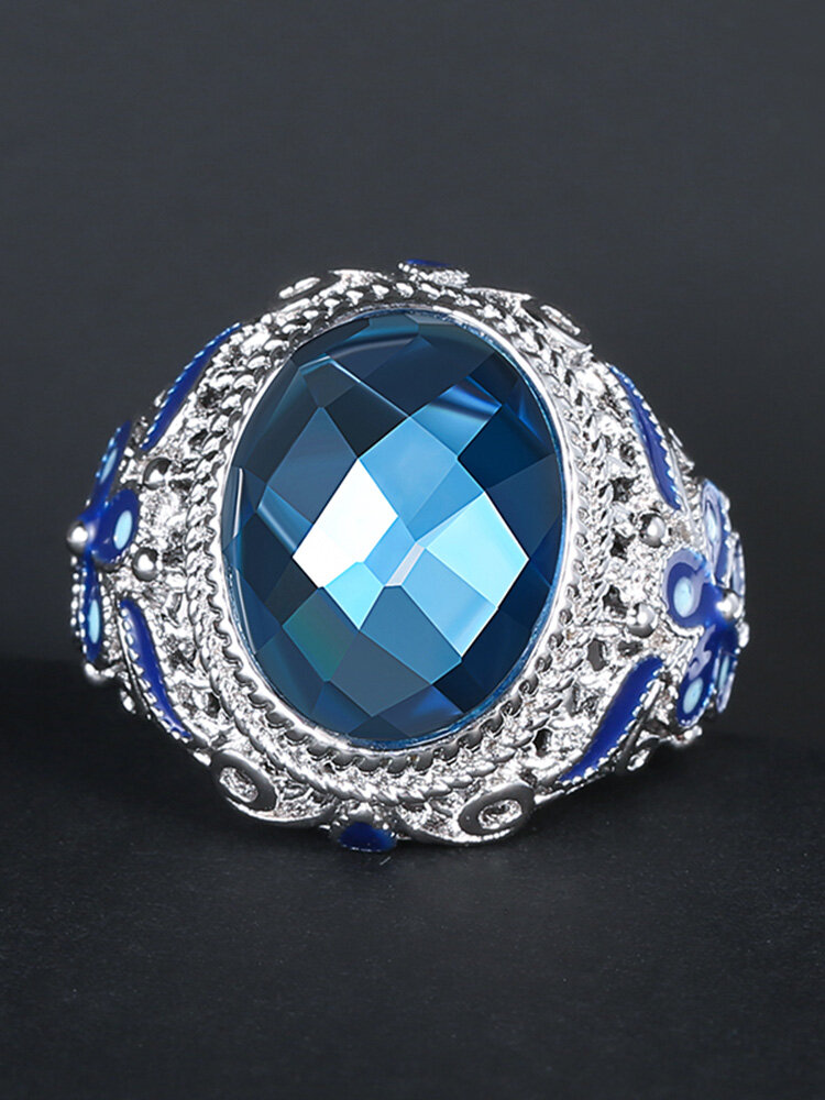 Vintage Blue Glass Stone Ring Metal Hollow Carved Enamel Flower Finger Ring