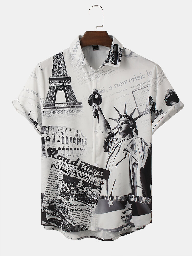 Mens World Attractions Print Vintage Street Short Sleeve Shirts