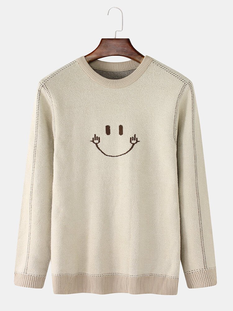 

Mens Smile Emojis Embroidered Plain Casual Pullover Knitted Cotton Sweater, White;black