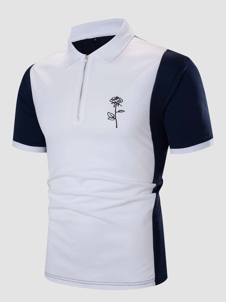 Mens Floral Pattern Contrast Patchwork Half Zip Short Sleeve Golf Shirts