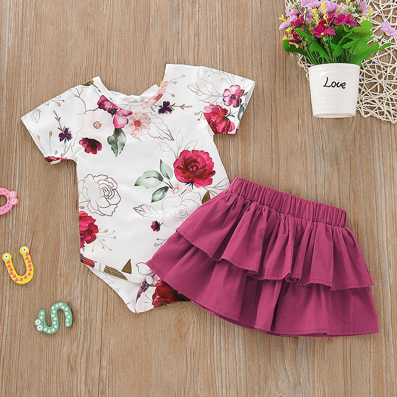 Flower Print Girl Romper + Skirt Set For 0-2 Years