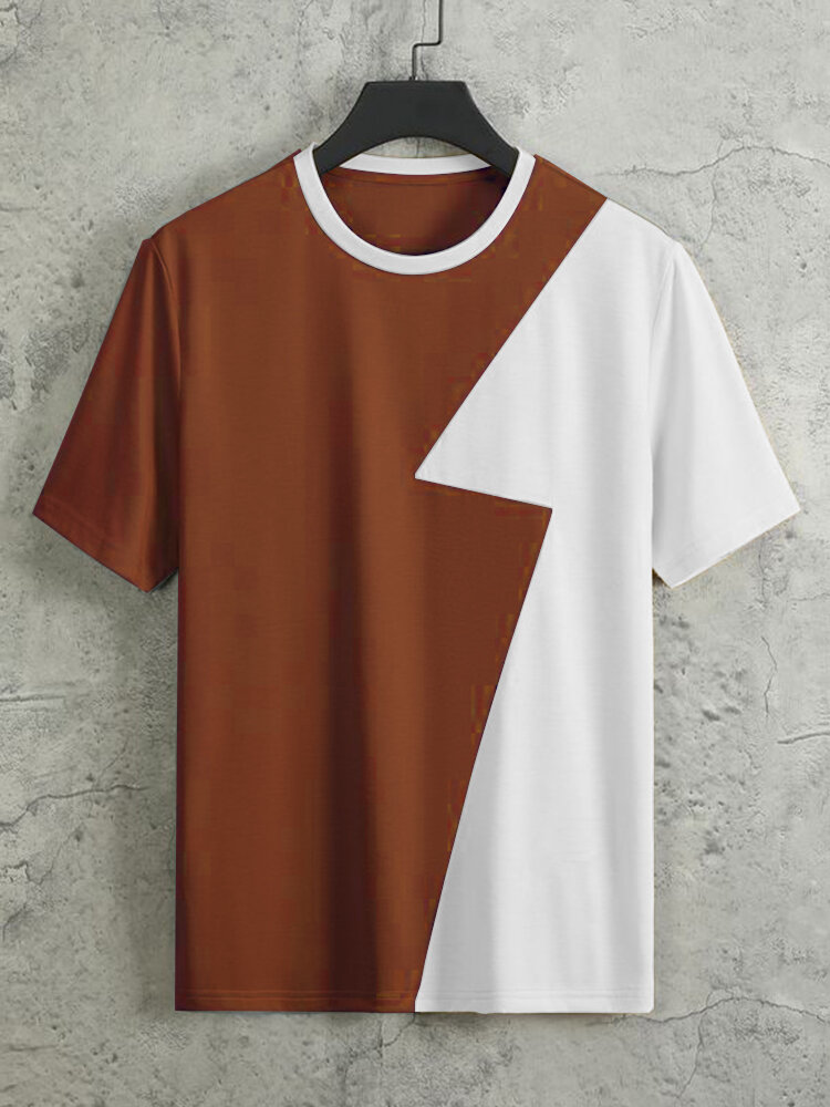 

Mens Two Tone Patchwork Crew Neck Casual Short Sleeve T-Shirts, Brown