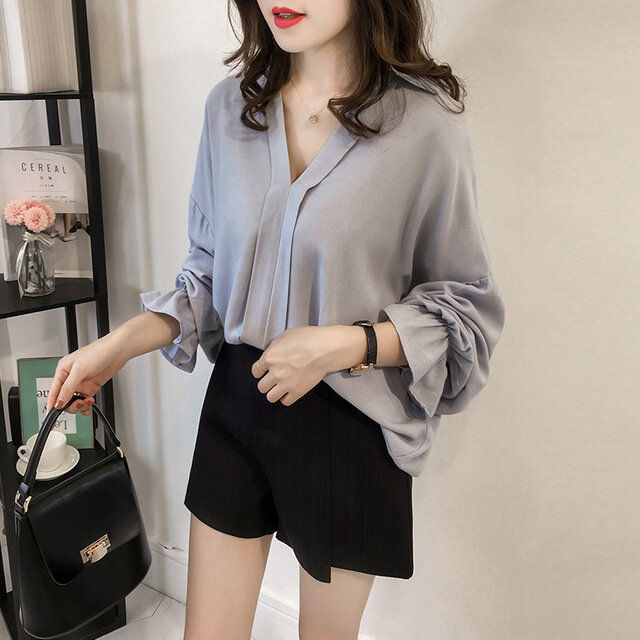 Loose Thin Trumpet Sleeve Shirt Women Long-sleeved Shirt Solid Color Wild Bottoming