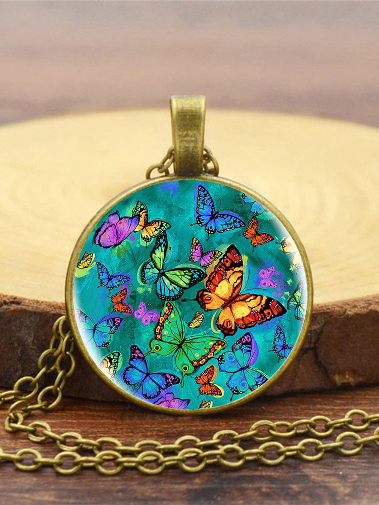Vintage Glass Printed Green Multicolor Butterfly Pendant Necklace Women Necklace