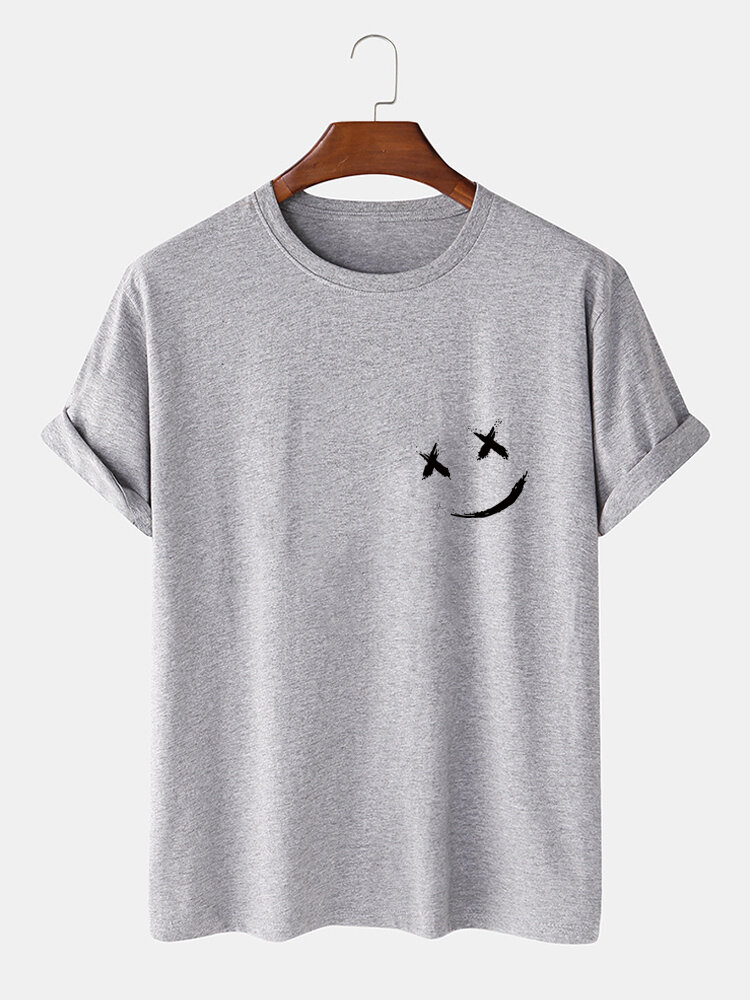 Plus Size Mens Plain Smile Pattern O-Neck Cotton Casual T-Shirt