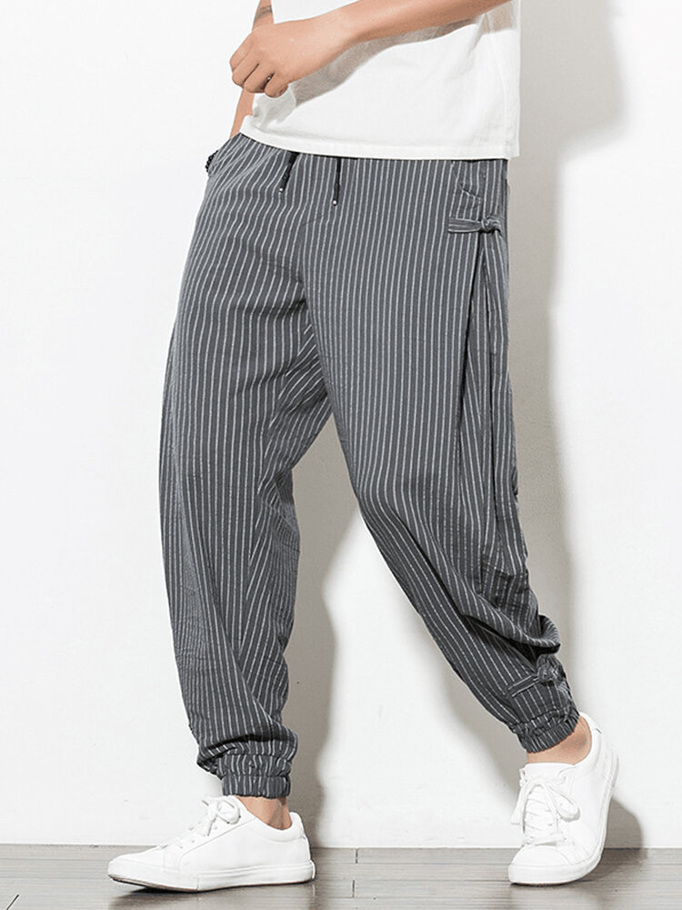 

Mens Striped Frog Button Design Casual Drawstring Waist Pants, Gray