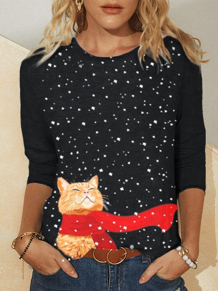 Cat Scarf Snowy Print Long Sleeve Casual Plus Size Blouse