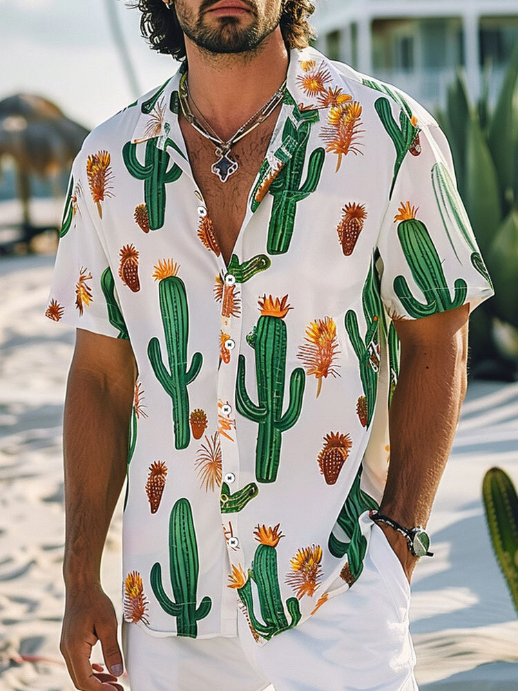 Camisas con cuello de solapa y estampado de paisaje de cactus para hombre