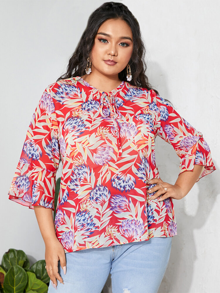 Flower Print Chiffon Knotted Bell Sleeves O-neck Plus Size Blouse