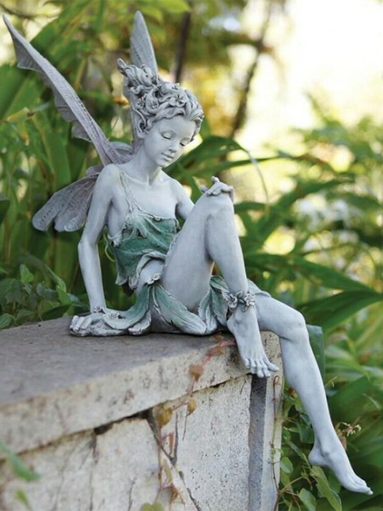1PC Sitting Flower Fairy Elf Statue Resin Craft Landscaping Yard Garden Decor Ornament