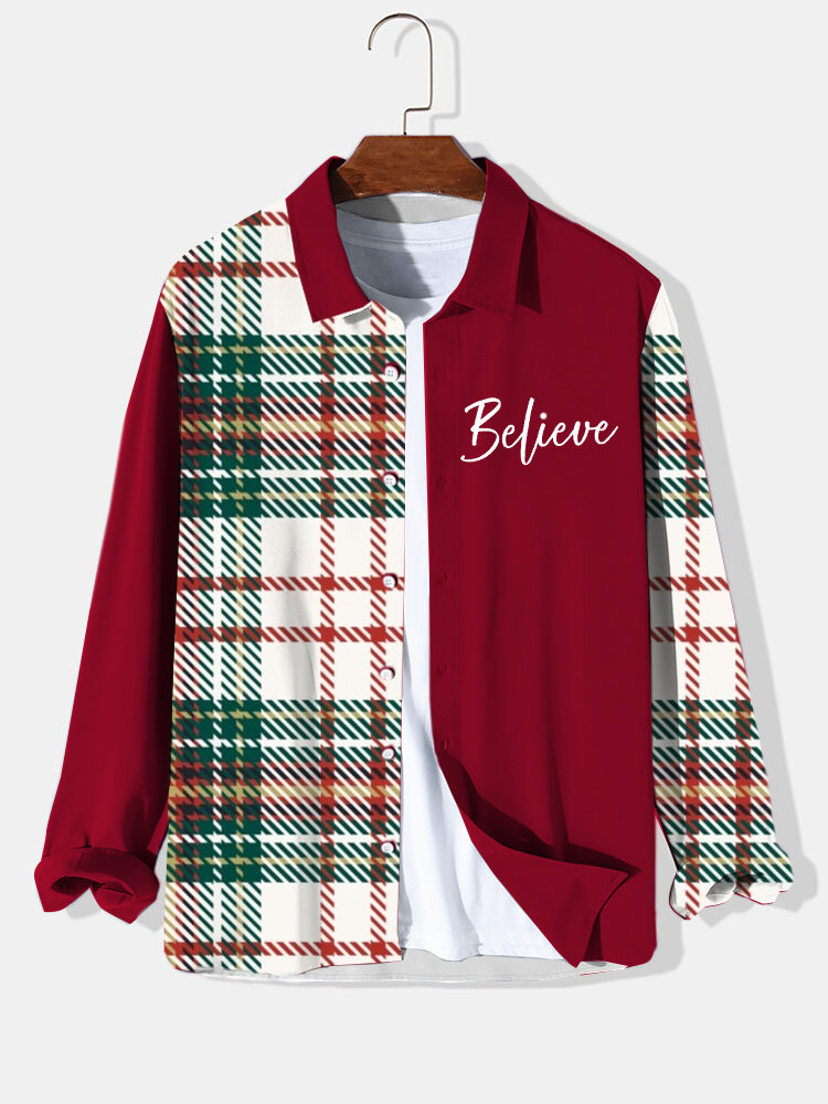 Mens Christmas Plaid Letter Print Patchwork Casual Long Sleeve Shirts Winter