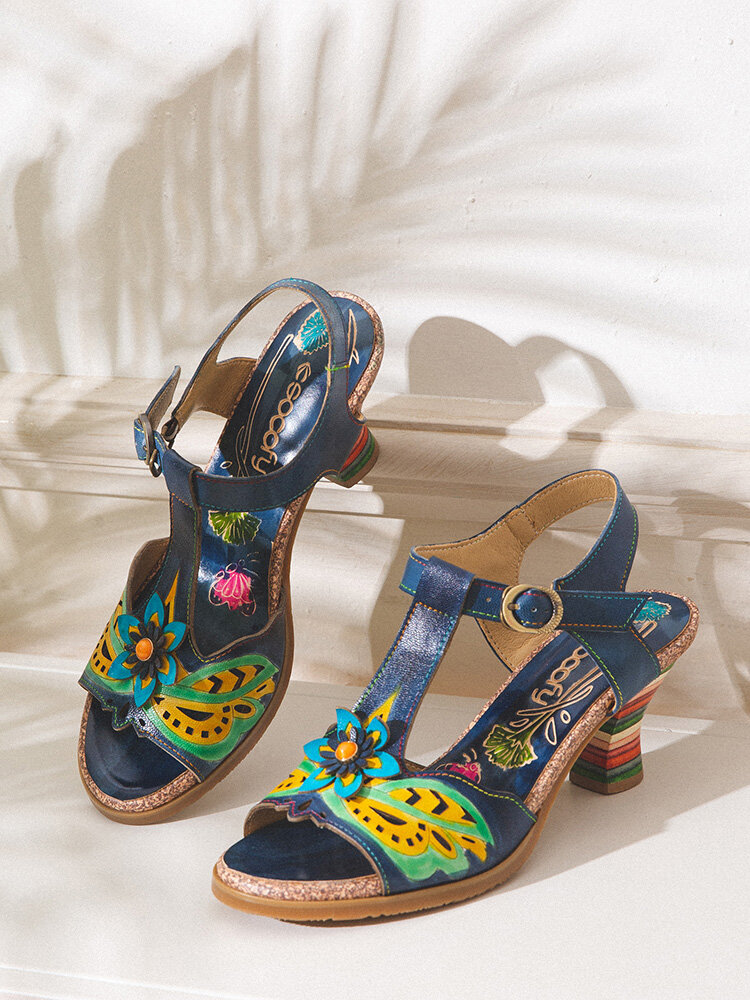 Socofy Leather Bohemian Ethnic Floral Buckle Heeled Sandals