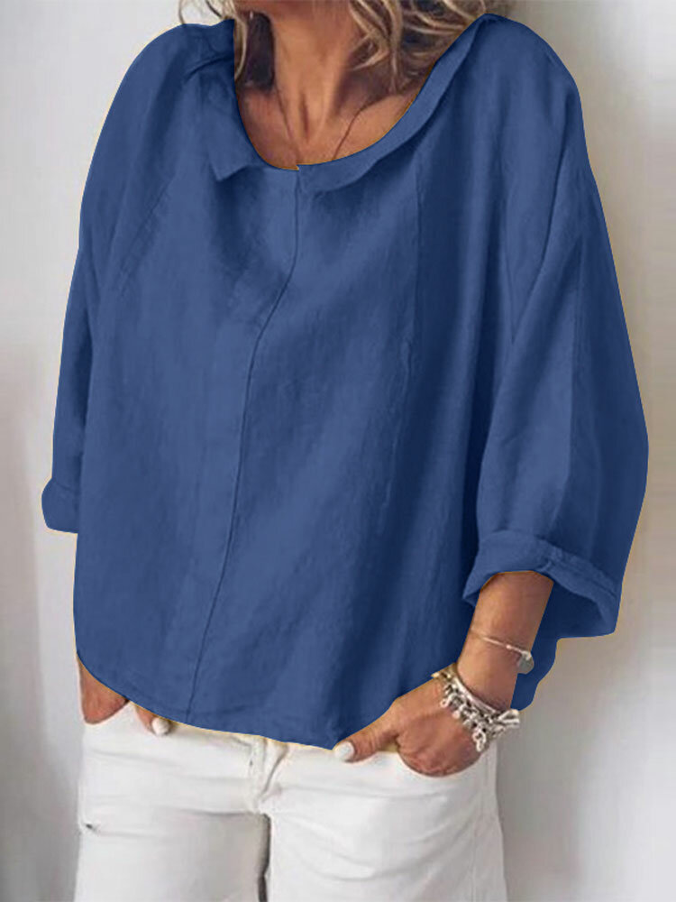 Solid Color Turn-down Collar Long Sleeve Loose Blouse