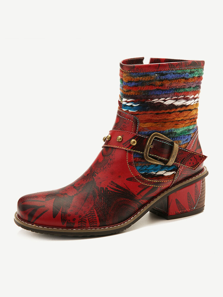SOCOFY Colorful Woollen Leather Stitching Metal Buckle Zipper Low Heel Short Boots