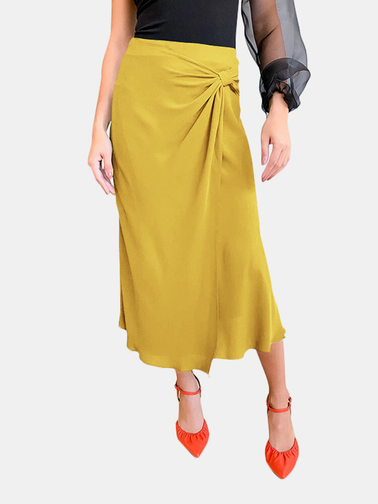 Plain Asymmetrical Layered Knotted High Waist Plus Size Midi Skirt