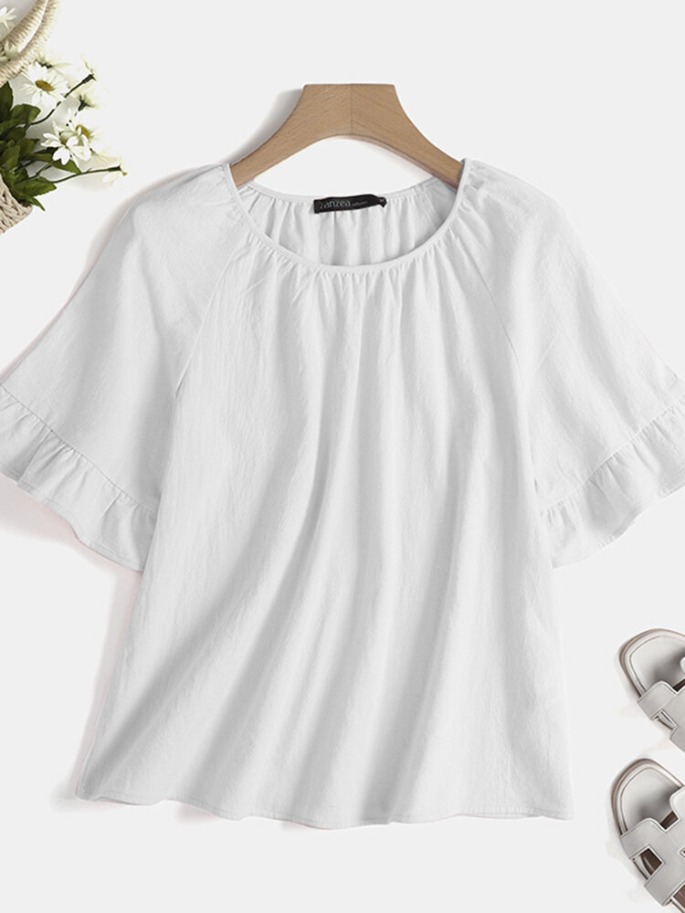Solid Ruffle Trim Half Sleeve Crew Neck Casual Blouse