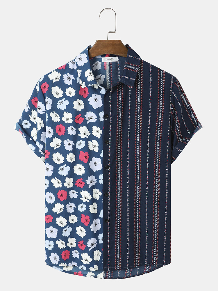 Mens Floral Stripe Printed Stitching Loose Short Sleeve Shirts