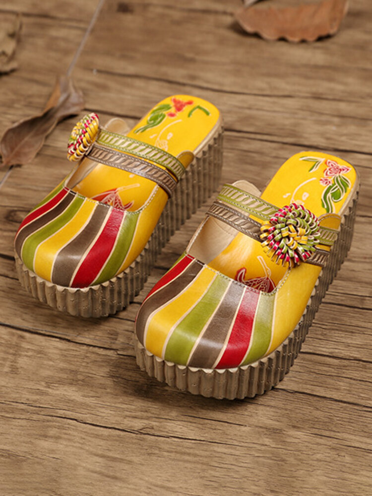 Socofy Vera Pelle Pantofole con zeppe comode e floreali per le vacanze casual Bohemian etniche a blocchi di colore