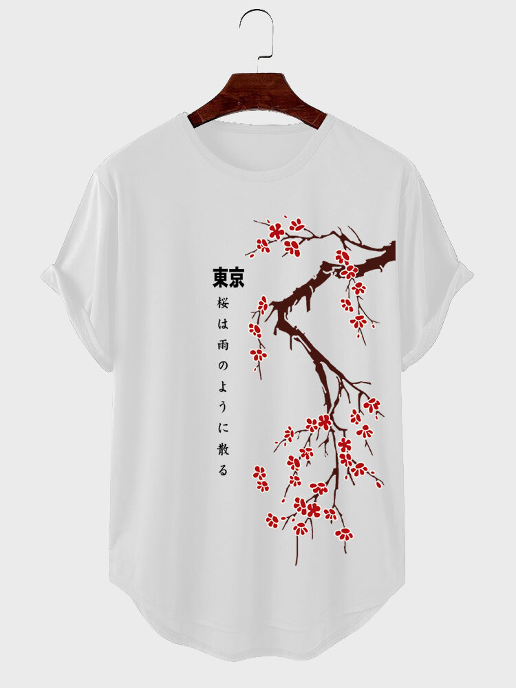 

Mens Japanese Cherry Blossoms Print Curved Hem Short Sleeve T-Shirts, White