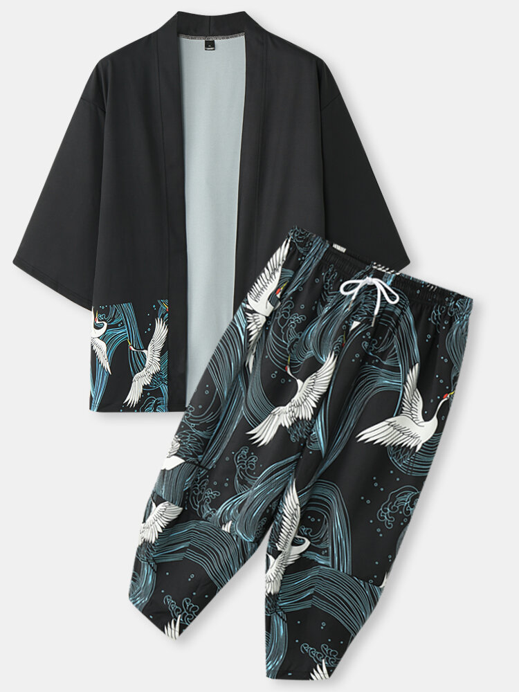 Mens Crane Wave Print Street Kimono Cropped Two Pieces Outfits
