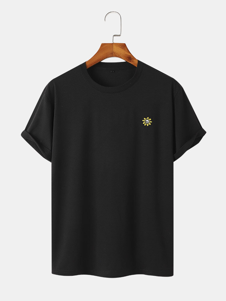 Mens Sunflower Skull Embroidery Short Sleeve Black Cotton T-Shirt