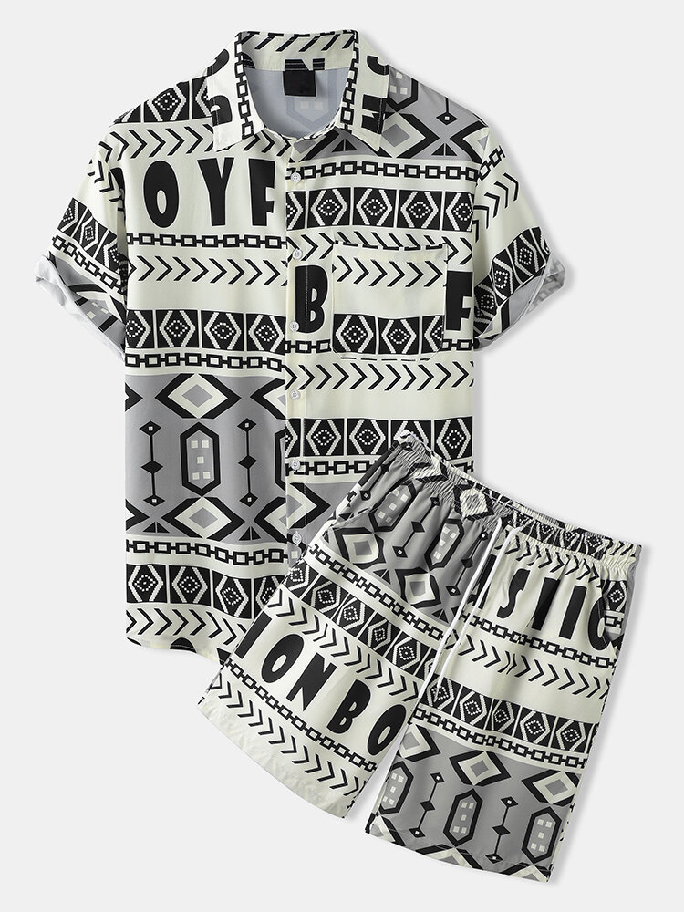Mens All Over Letter Geometric Print Street Two Pieces Outfits