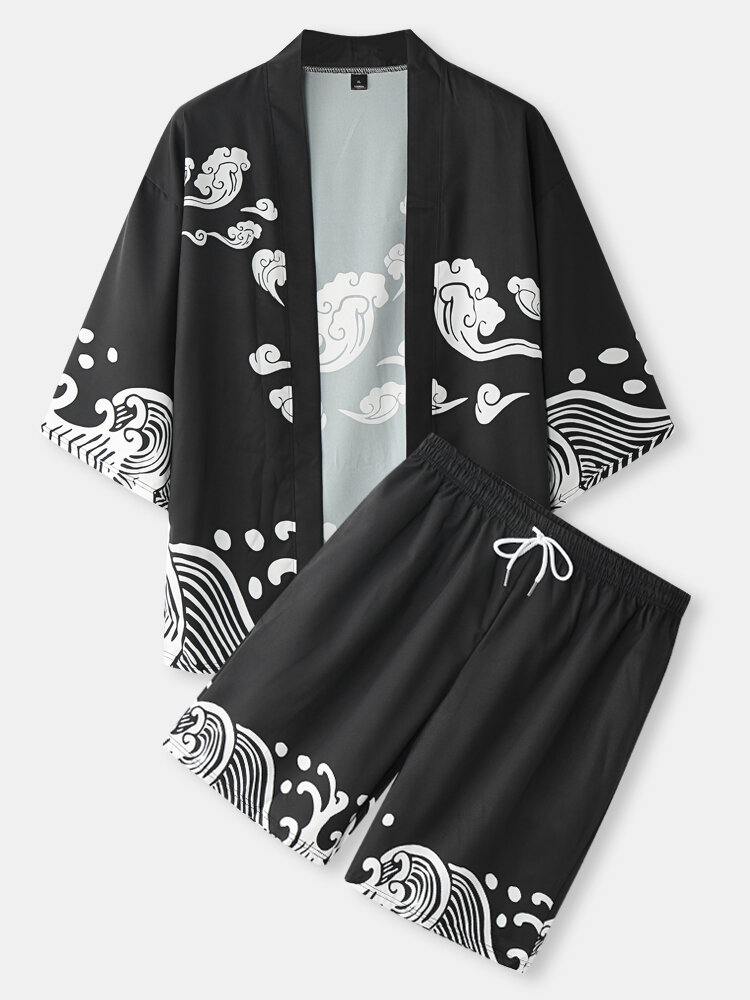 Mens Japanese Cloud Print Open Front Kimono Black Two Pieces Outfits