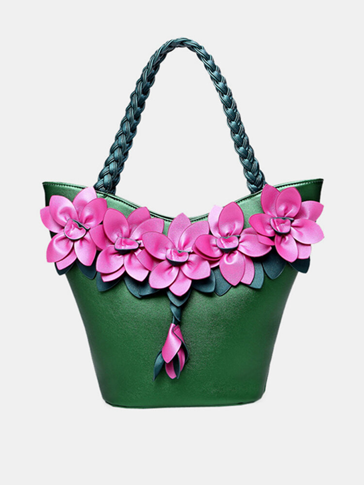 Brenice Leather Flower Decoration Bucket Bag National Style Sling Bag For Women