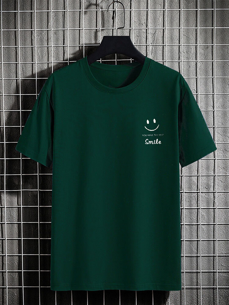 Mens Solid Color Smile Print Crew Neck Short Sleeve T-Shirt
