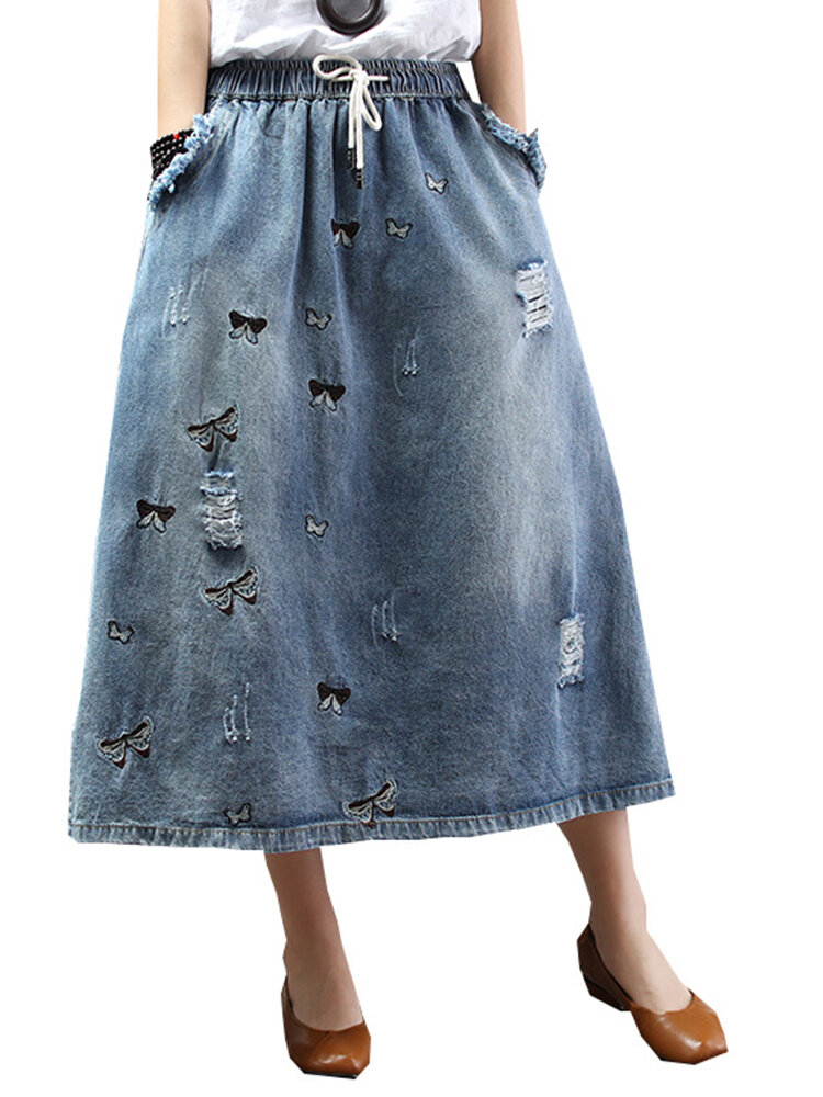 Embroidery Butterfly Loose Elastic Waist Skirt With Holes