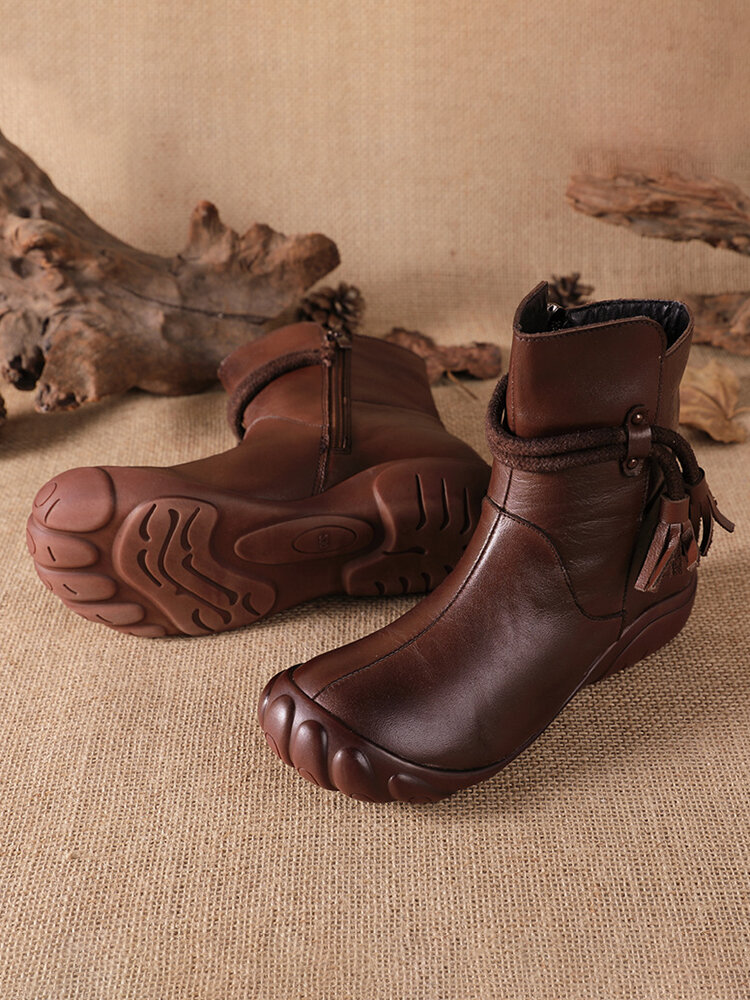 Women Warm Round Toe Fringe Panel Side-Zip Solid Color Casual Retro Short Boots