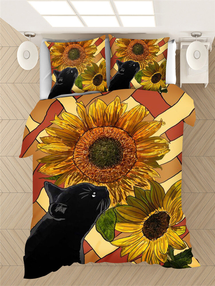

2/3Pcs Black Cat And Sunflower Pattern Comfy Bedding Duvet Cover Set Pillowcase Adults Bed Duvet Set Twin King