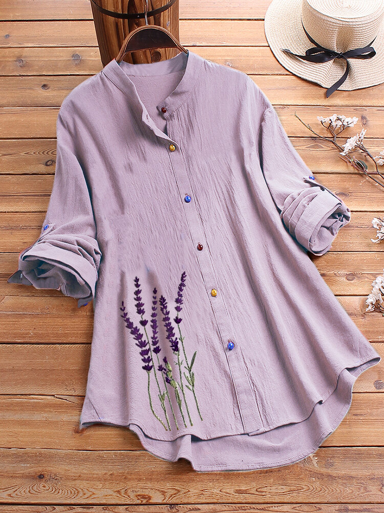 Flower Embroidery Long Sleeve Colorful Button Shirt For Women
