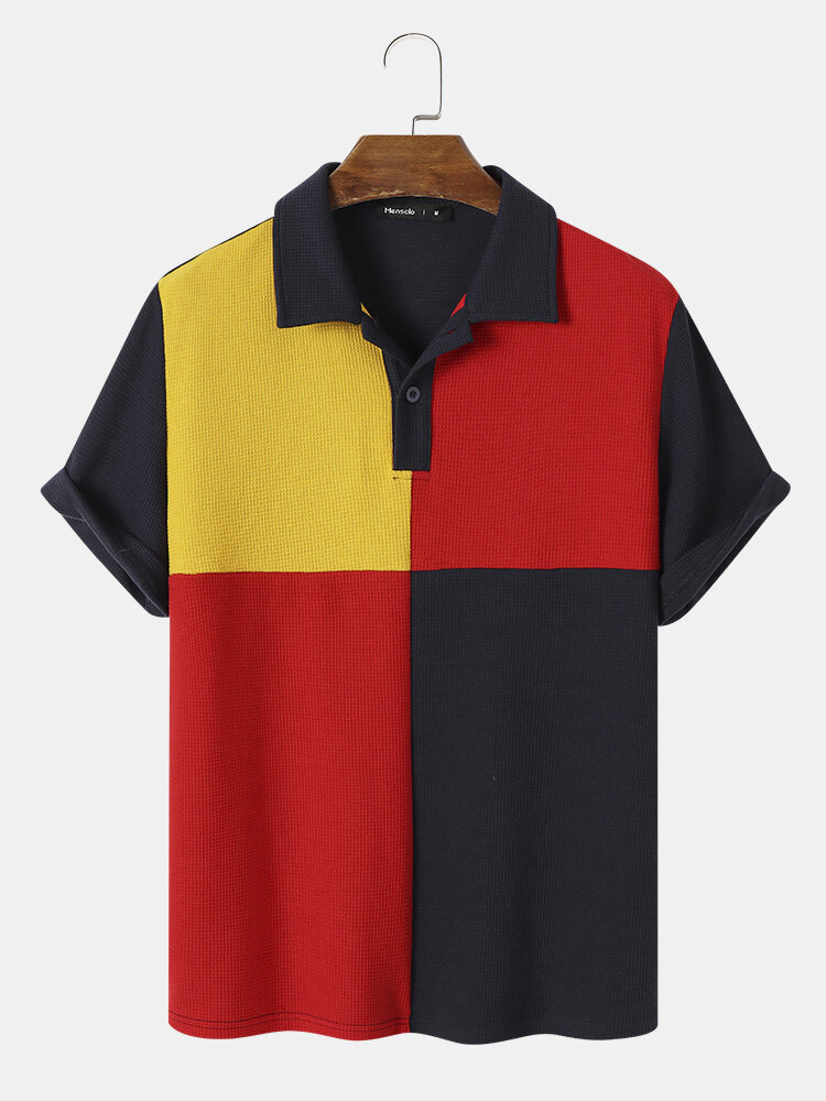 Chemises de golf texturées en patchwork de blocs de couleurs pour hommes