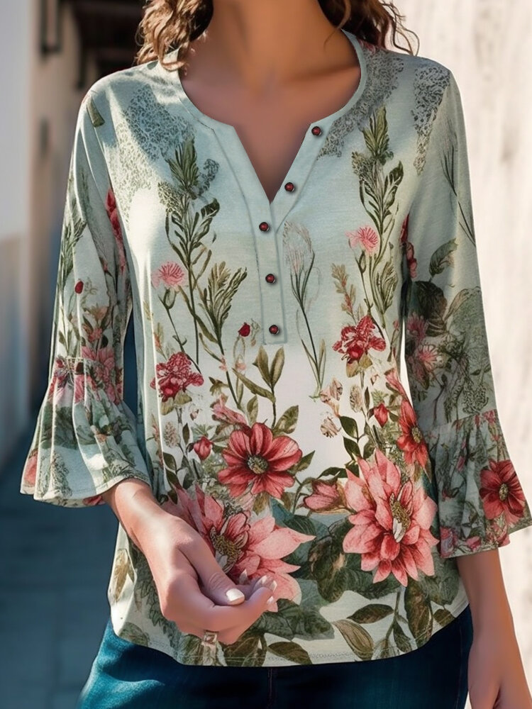 Women Floral Plant Print V-Neck Ruffle Sleeve T-Shirt
