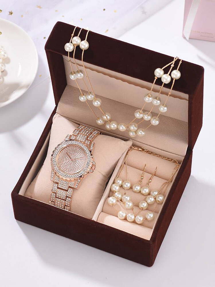 4 Pcs Combination Women Watch Set Full Diamond Round Watch Pearl Bracelet Earrings Necklace Gift Kit