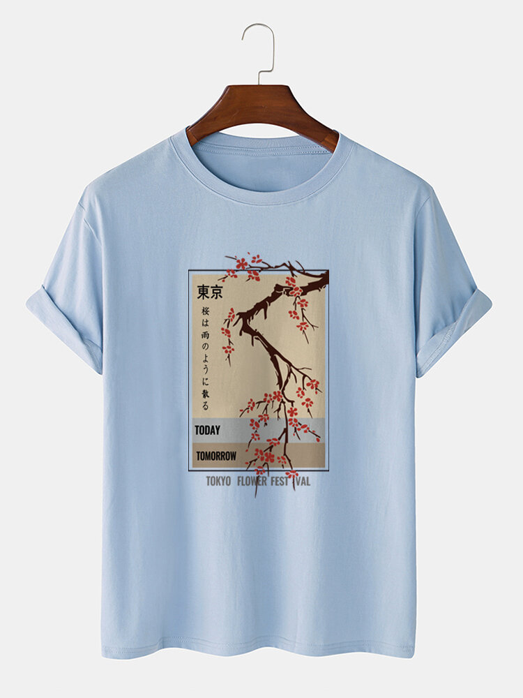 

Mens Japanese Cherry Blossoms Graphic Cotton Short Sleeve T-Shirts, Black;gray;khaki;white;blue