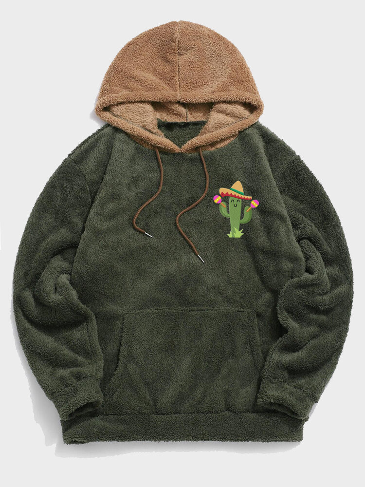 

Mens Cartoon Cactus Embroidery Plush Contrast Drawstring Hoodies Winter, Green