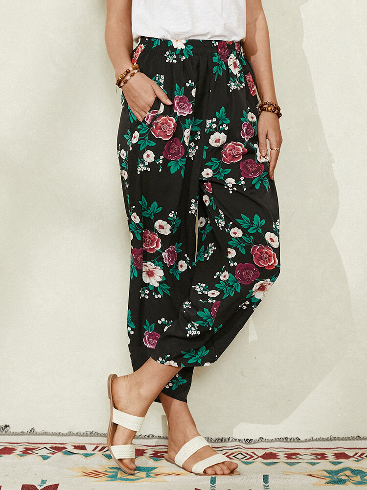 Bohemian Floral Print Pocket Asymmetrical Hem Long Casual Pants for Women