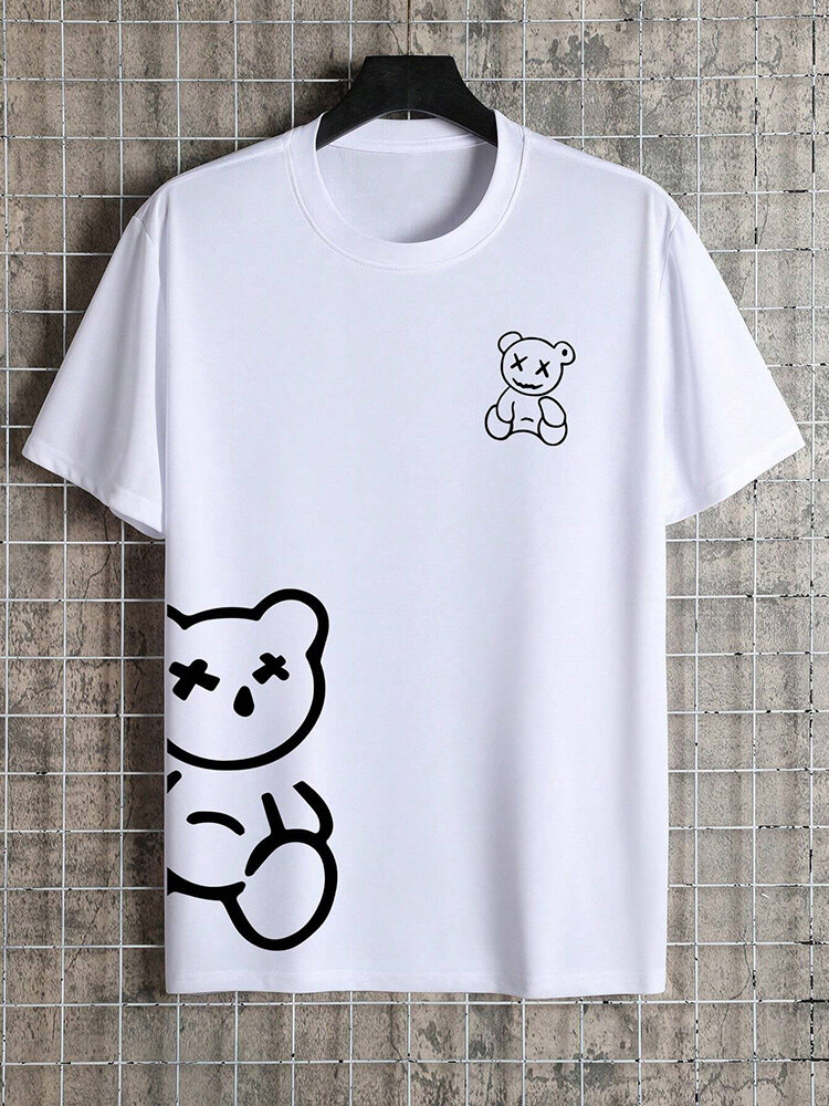 Camisetas masculinas de manga curta com estampa de urso pequeno e gola redonda