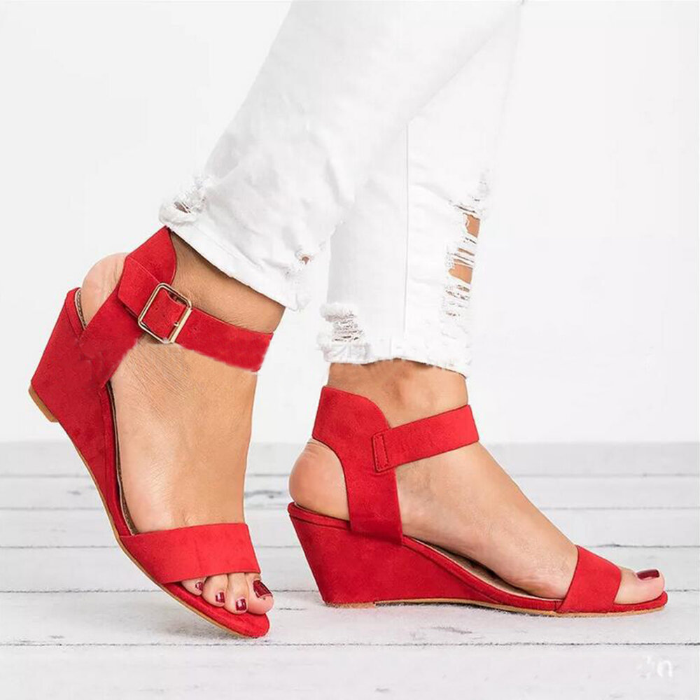 Women Casual Solid Color Peep Toe Buckle Wedges Sandals